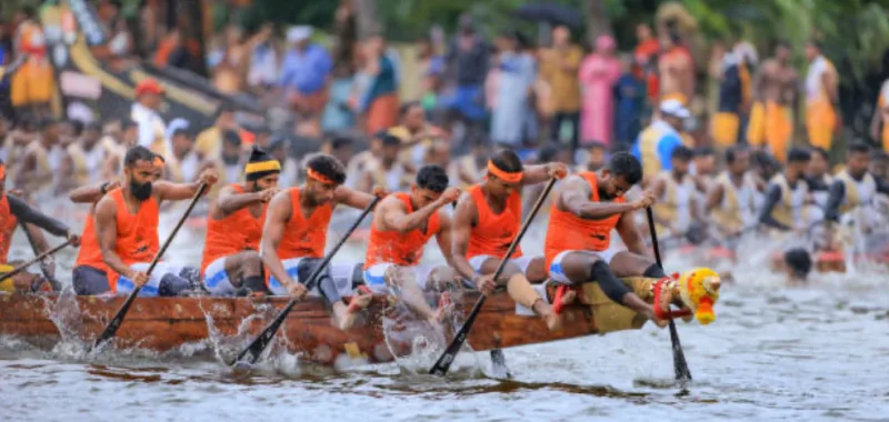 Rowers in orange racing a long boat during the boat races on the backwaters of Kerala