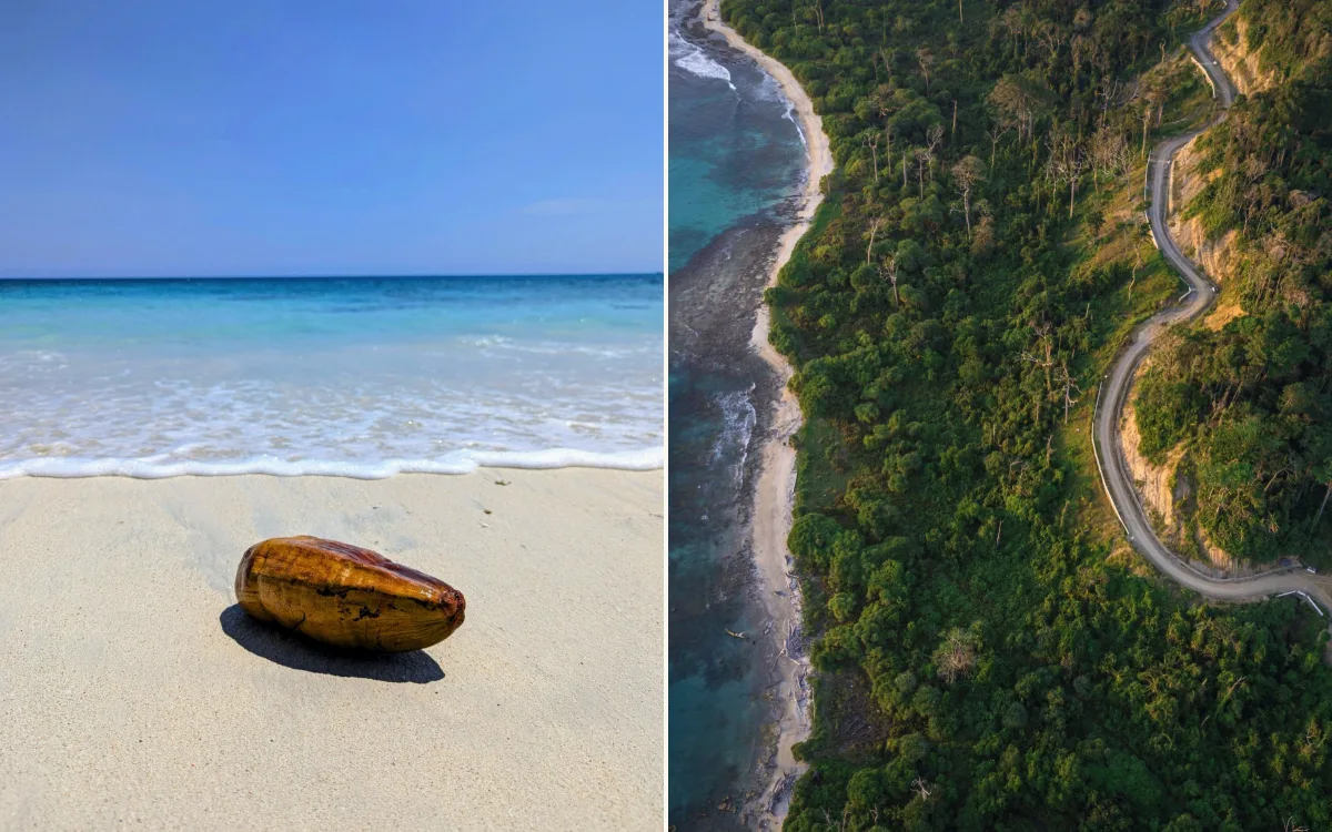 A coconut on a white sand beach by clear blue water, and a coastal road through the Andaman rainforest