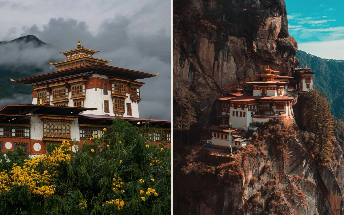 Punakha Dzong under monsoon clouds, and Tiger’s Nest monastery on its cliff near Paro