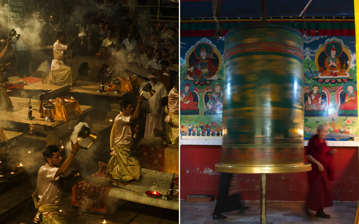 Evening Ganga aarti, and a monk walking past a prayer wheel