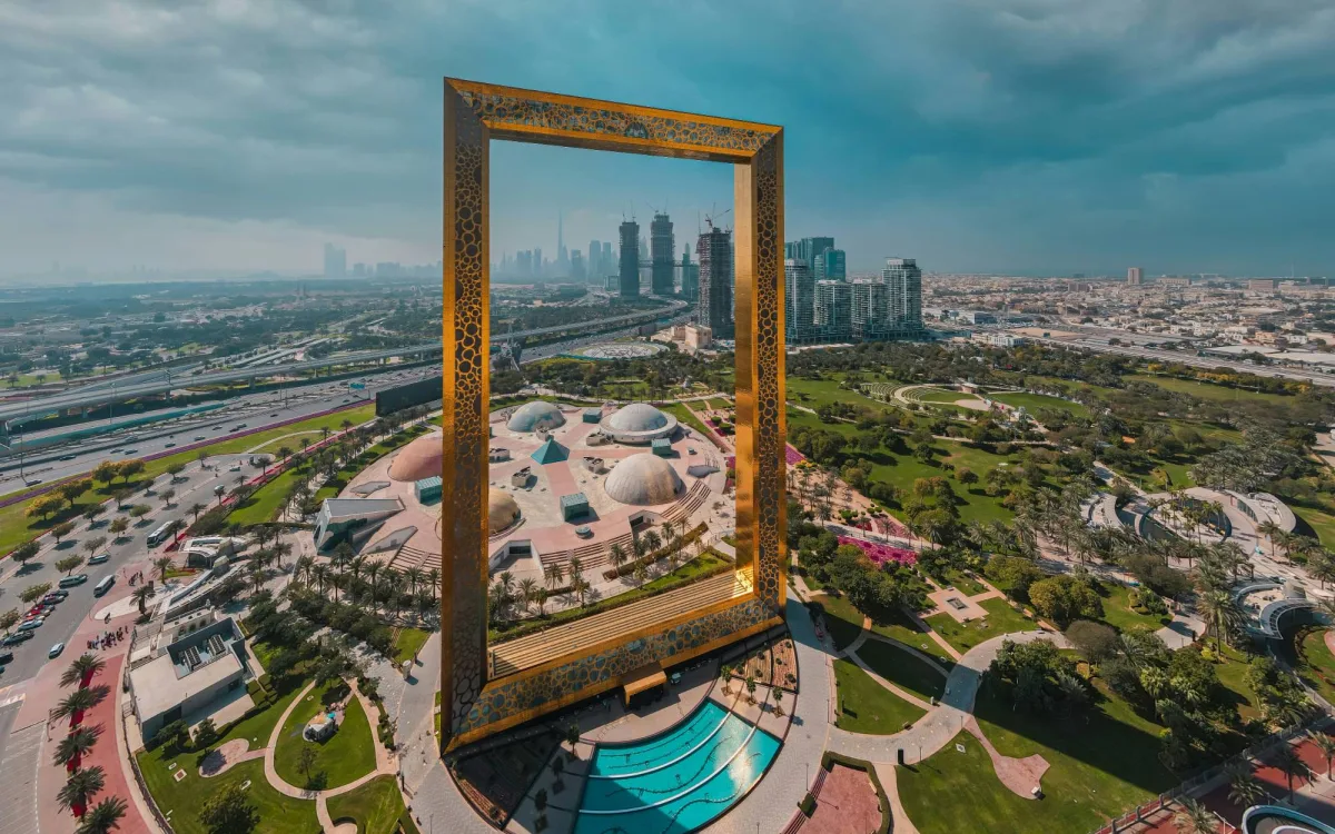 The Dubai Frame in Zabeel Park, with the Burj Khalifa skyline seen through it