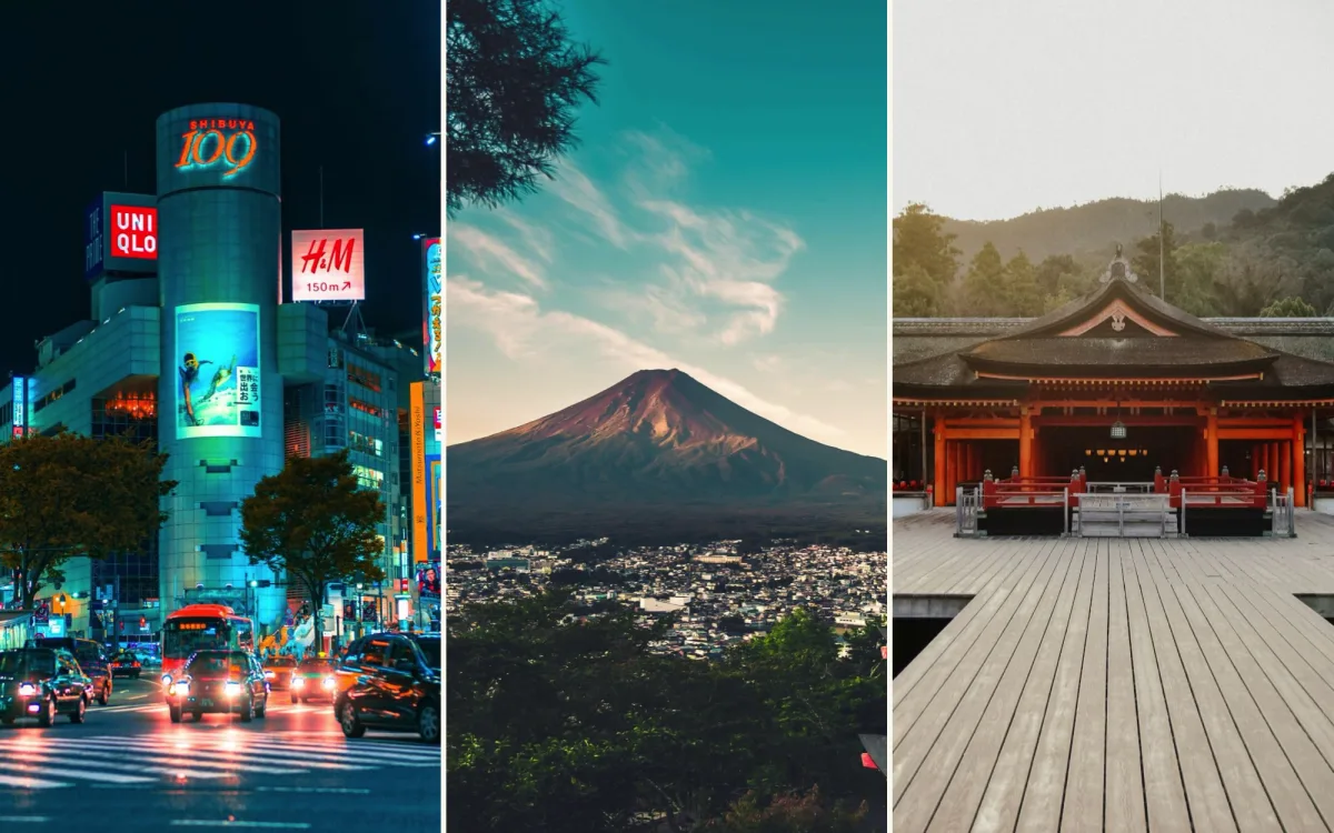 Shibuya in Tokyo at night, Mount Fuji above the town of Fujiyoshida, and Itsukushima Shrine on Miyajima