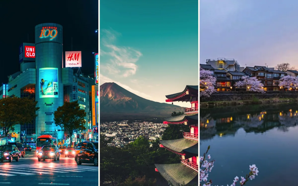 Shibuya in Tokyo at night, Mount Fuji with the Chureito Pagoda, and cherry blossoms along the river in Kanazawa