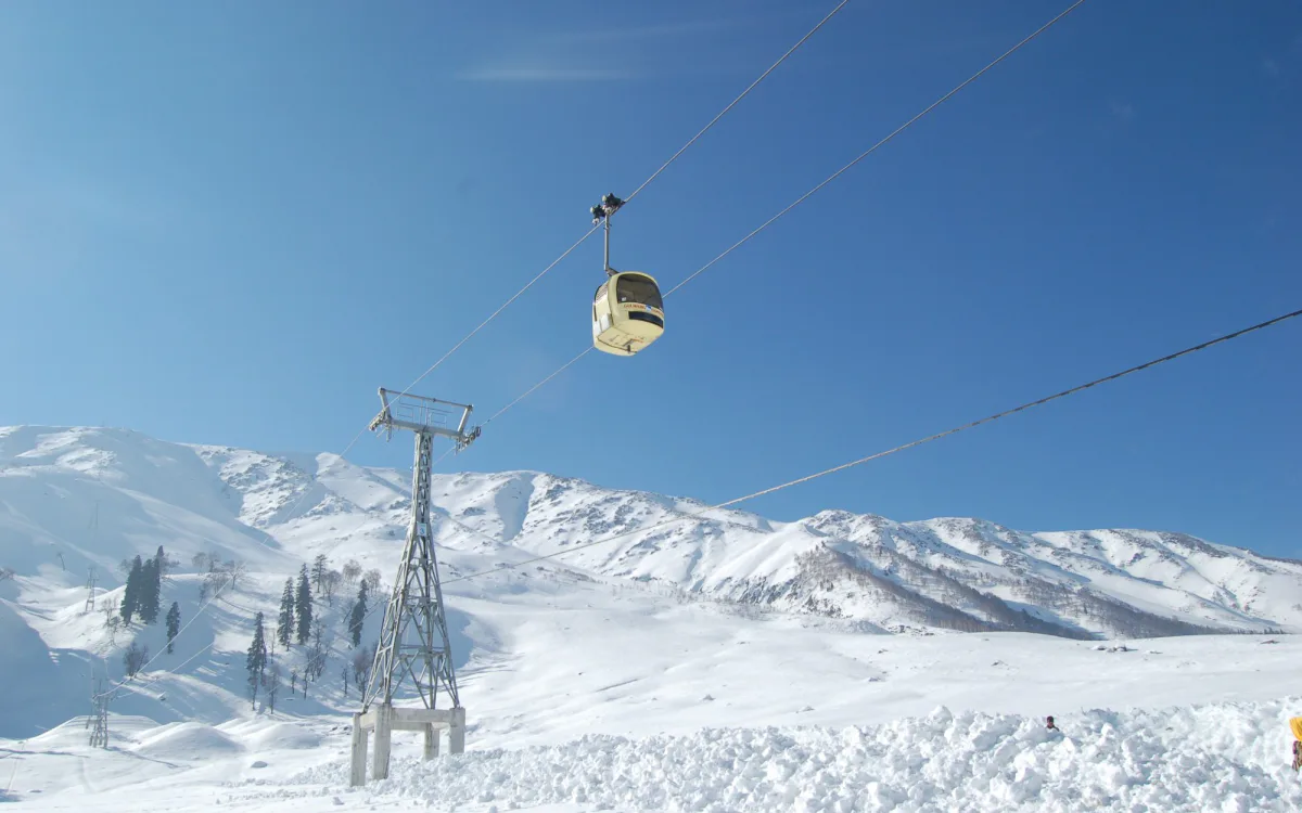 The Gulmarg Gondola above snow-covered slopes