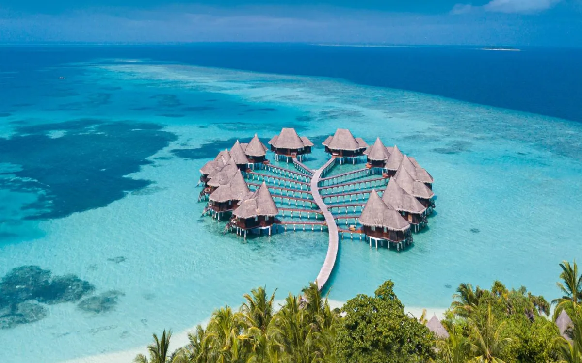 Overwater villas in a turquoise lagoon beside a palm-covered island in the Maldives