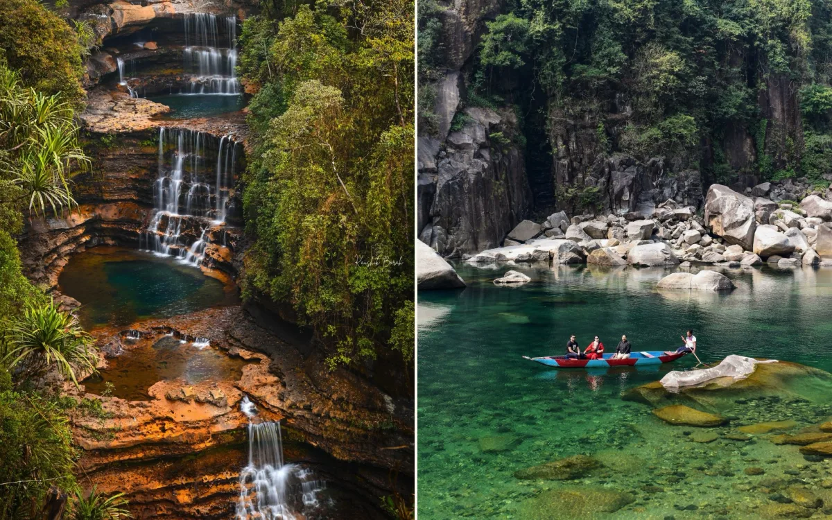 Wei Sawdong waterfall near Cherrapunji, and a boat on the clear Umngot River at Dawki