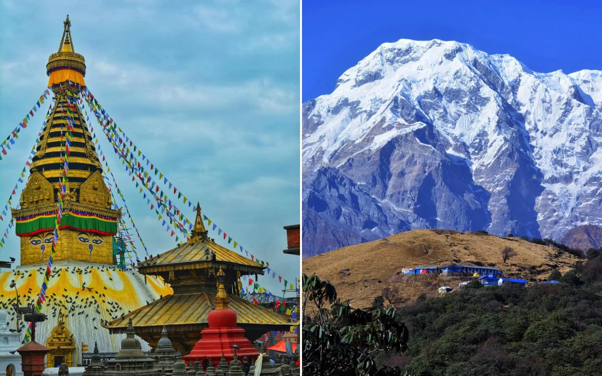 Swayambhunath stupa in Kathmandu, and Annapurna South above the hills near Pokhara