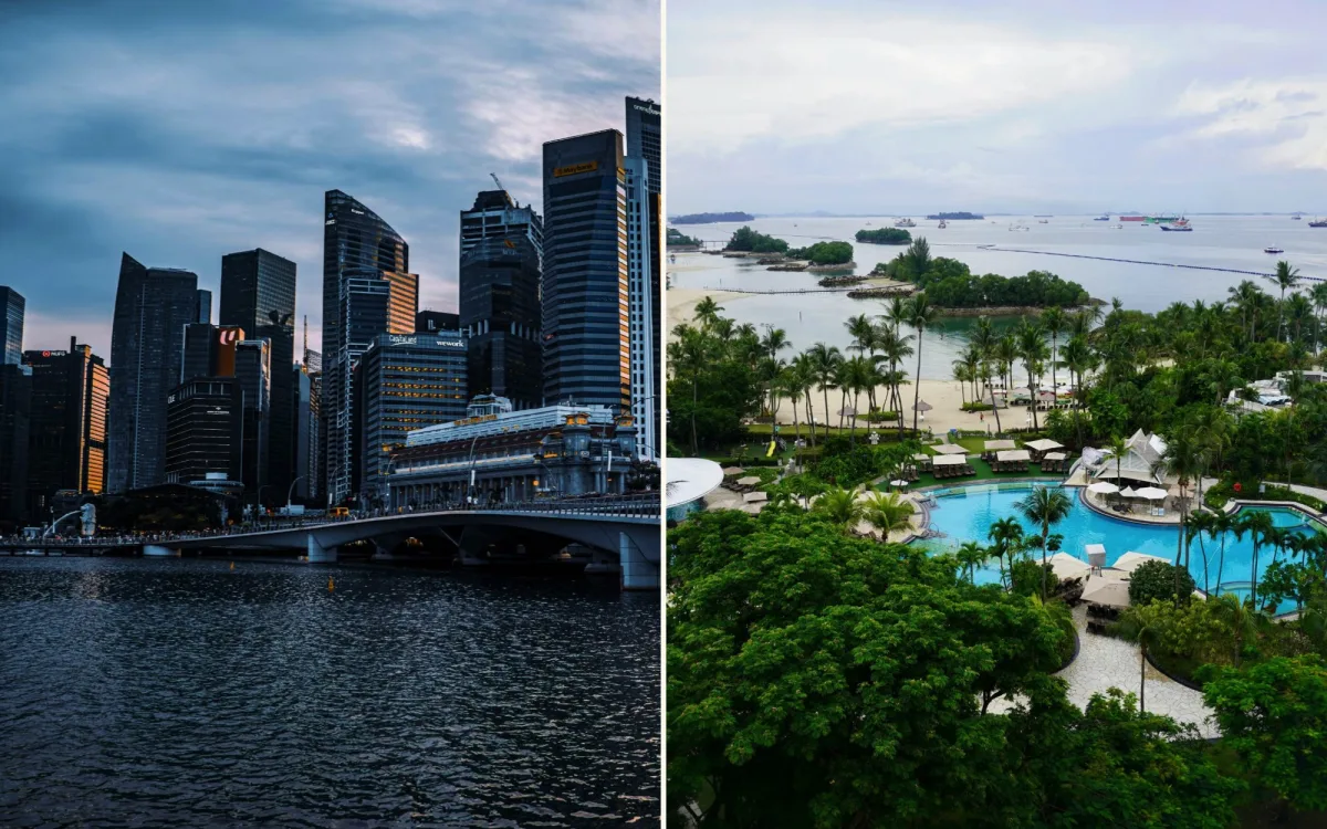 The Marina Bay skyline with the Merlion at dusk, and palm-lined beaches and lagoons on Sentosa Island