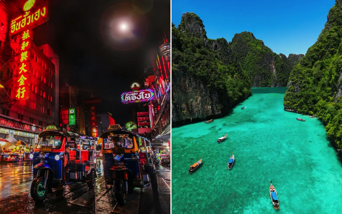 Tuk-tuks under neon signs in Bangkok’s Chinatown at night, and longtail boats in Pileh Lagoon on the Phi Phi Islands