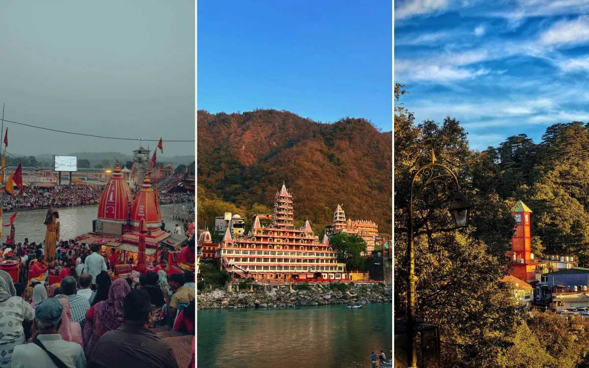 Evening Ganga aarti at Har Ki Pauri in Haridwar, riverside temples in Rishikesh, and a clock tower in Mussoorie