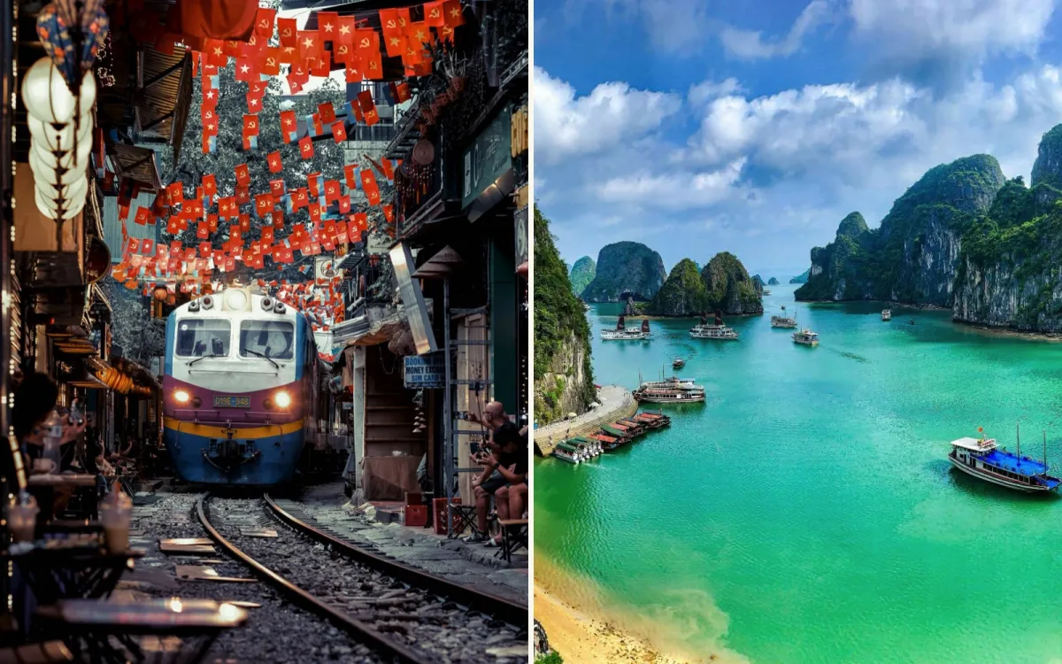 A train passing through Train Street in Hanoi, and boats among the limestone islands of Ha Long Bay